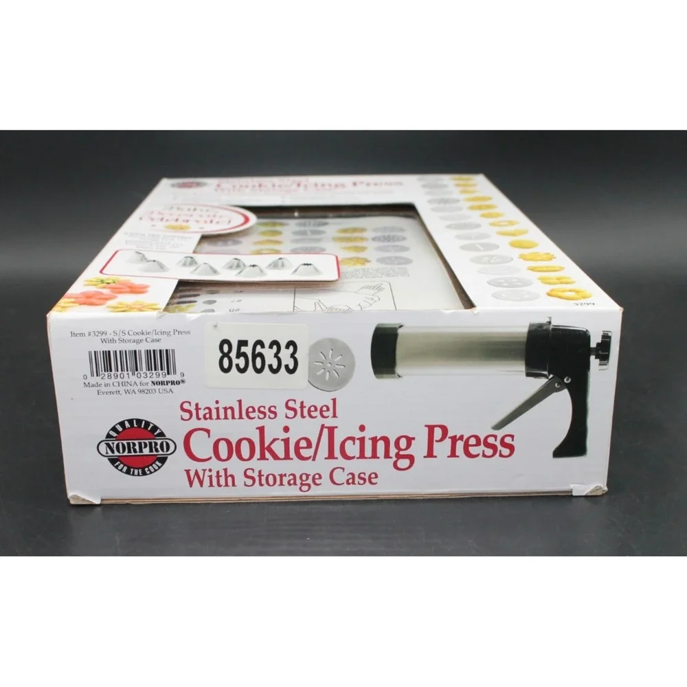 Norpro Stainless Steel Cookie Press & Icing Set Storage Case 13 Discs 8 Tips NIB